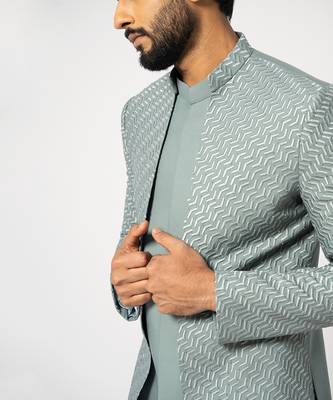 Dove grey double panelled short achkan set 4