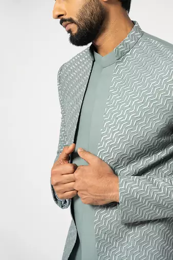 Dove grey double panelled short achkan set