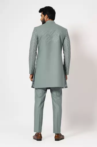 Dove grey double panelled short achkan set