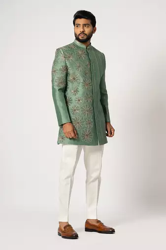 Fern gren floral achkan set