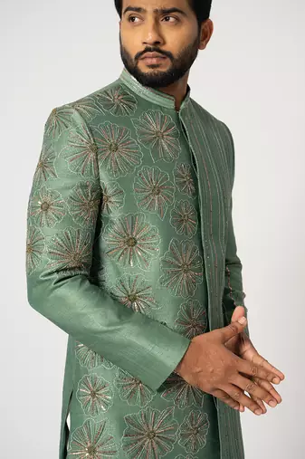 Fern gren floral achkan set