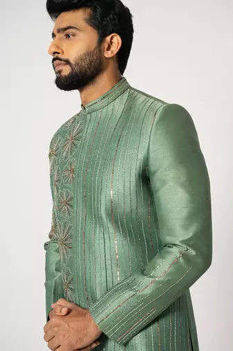 Fern gren floral achkan set