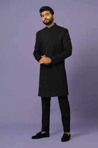 Black pintuck achkan set