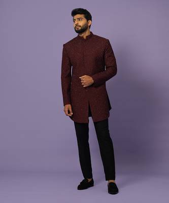 Wine mid length achkan set 1