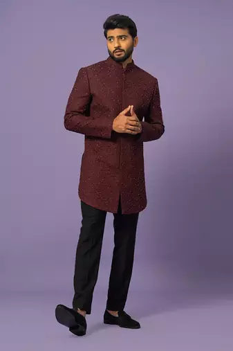 Wine mid length achkan set
