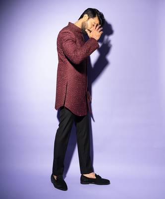 Wine mid length achkan set 3