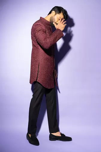 Wine mid length achkan set