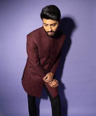 Wine mid length achkan set 4