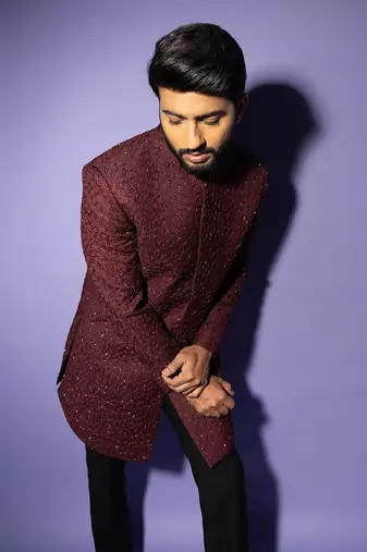 Wine mid length achkan set