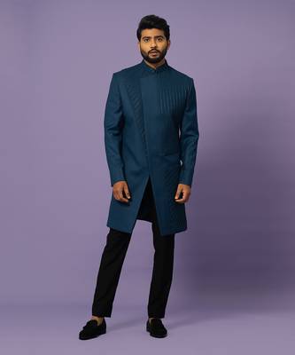 Teal pintucks achkan set 1