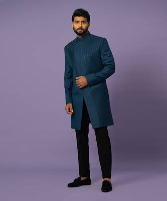 Teal pintucks achkan set 2