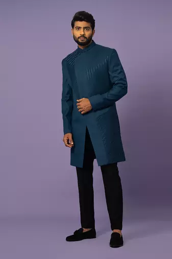 Teal pintucks achkan set