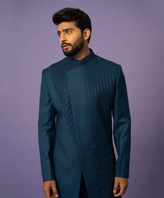 Teal pintucks achkan set 3