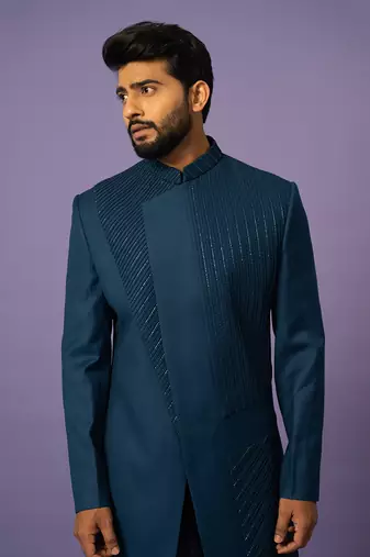 Teal pintucks achkan set