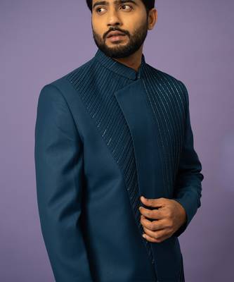 Teal pintucks achkan set 4