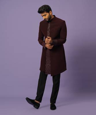 Wine panelled achkan set 1