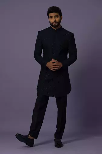 Deep blue hexagon achkan