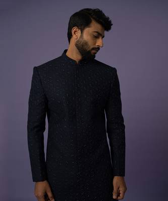 Deep blue hexagon achkan 4