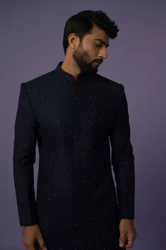 Deep blue hexagon achkan