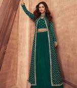 Green embroidered chinnon silk jacket style lehanga dress for wedding party