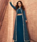 Teal blue embroidered chinnon silk jacket style lehanga dress for wedding party