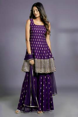 PURPLE  SHARARA SET AND MATCHING KURTA TOP WITH GOLD BUTIS, EMBROIDERED AND A MATCHING DUPATTA. 1