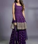 PURPLE  SHARARA SET AND MATCHING KURTA TOP WITH GOLD BUTIS, EMBROIDERED AND A MATCHING DUPATTA.