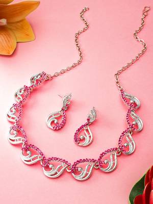 Lumiere silver-plated pink diamond party wear necklace set 1