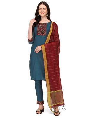 Trendy designer blue color rayon fabric kurta set with dupatta 1