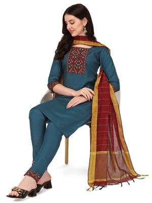 Trendy designer blue color rayon fabric kurta set with dupatta 2