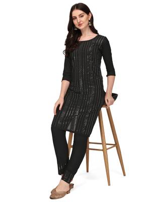 Trendy designer black color rayon fabric sequence work kurta set 2