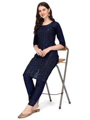 Trendy designer blue color rayon fabric sequence work kurta set 2