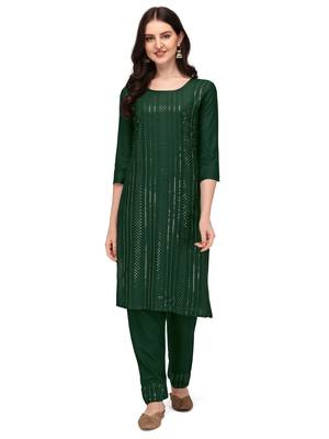 Trendy designer green color rayon fabric sequence work kurta set 1