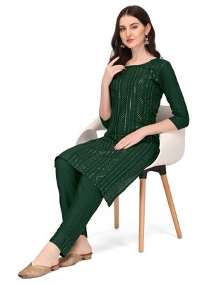 Trendy designer green color rayon fabric sequence work kurta set 2