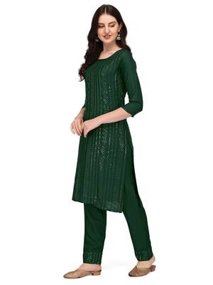 Trendy designer green color rayon fabric sequence work kurta set 4