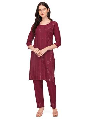 Trendy designer maroon color rayon fabric sequence work kurta set 1