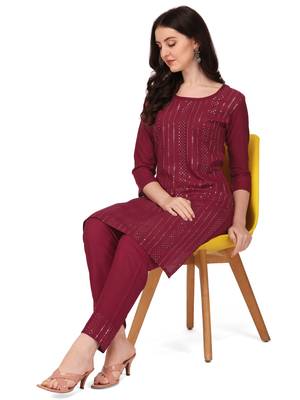 Trendy designer maroon color rayon fabric sequence work kurta set 2