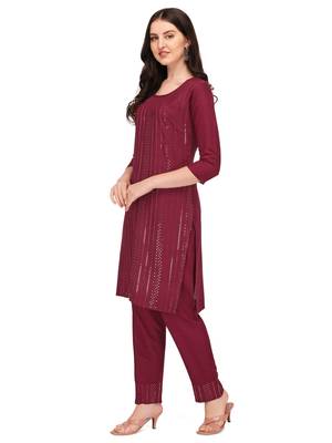 Trendy designer maroon color rayon fabric sequence work kurta set 4