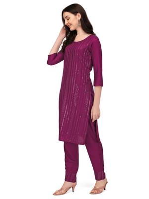 Trendy designer wine color rayon fabric sequence work kurta set 4