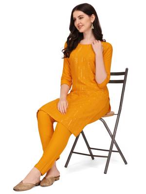 Trendy designer yellow color rayon fabric sequence work kurta set 2