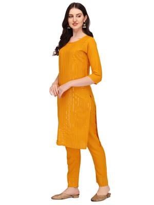 Trendy designer yellow color rayon fabric sequence work kurta set 4