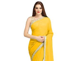 Yellow plain chiffon saree with blouse 3
