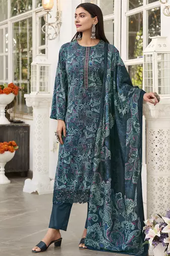 navy blue velvet digital printed dress material