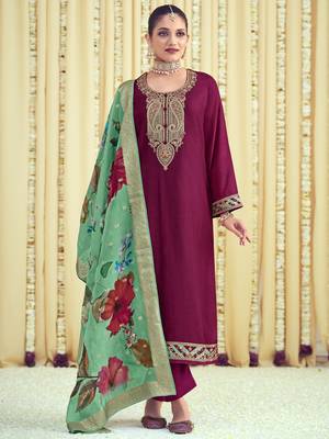 magenta raw silk embroidered dress material 1