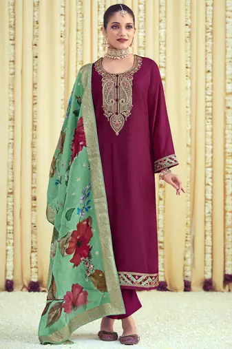 magenta raw silk embroidered dress material