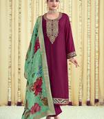 magenta raw silk embroidered dress material