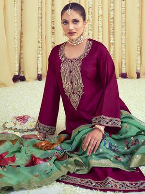 magenta raw silk embroidered dress material 2