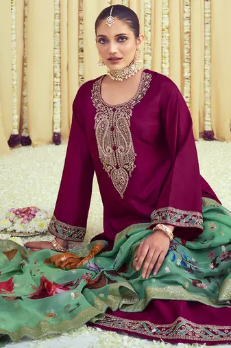 magenta raw silk embroidered dress material