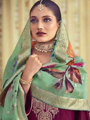 magenta raw silk embroidered dress material 3