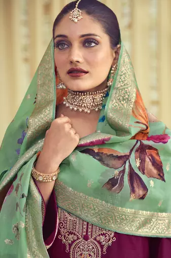 magenta raw silk embroidered dress material